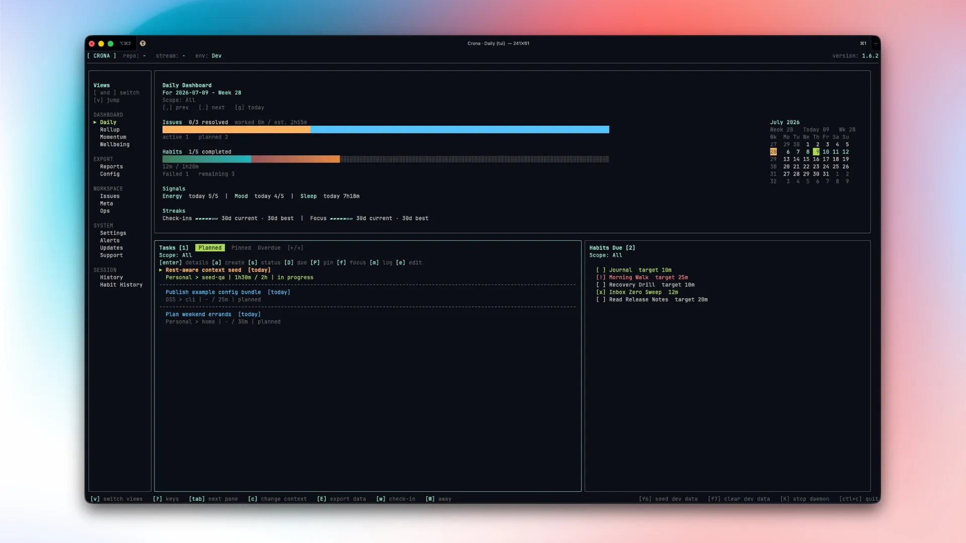 Daily dashboard showing planned issues, habits, compact Momentum signals, and focus summary