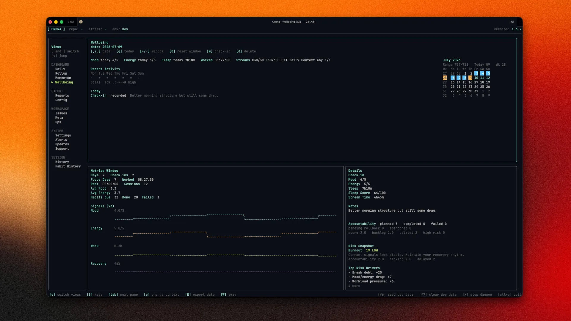 Wellbeing dashboard showing the configurable Metrics Window, details pane, and custom Momentum